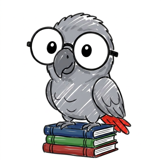 Polly sitting on a stack of books