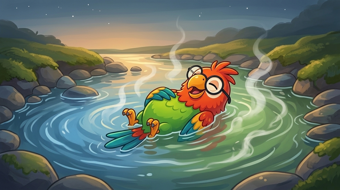 Al caer la tarde, Polly encontró un arroyo tranquilo donde el agua caliente que bajaba de las colinas se encontraba c...