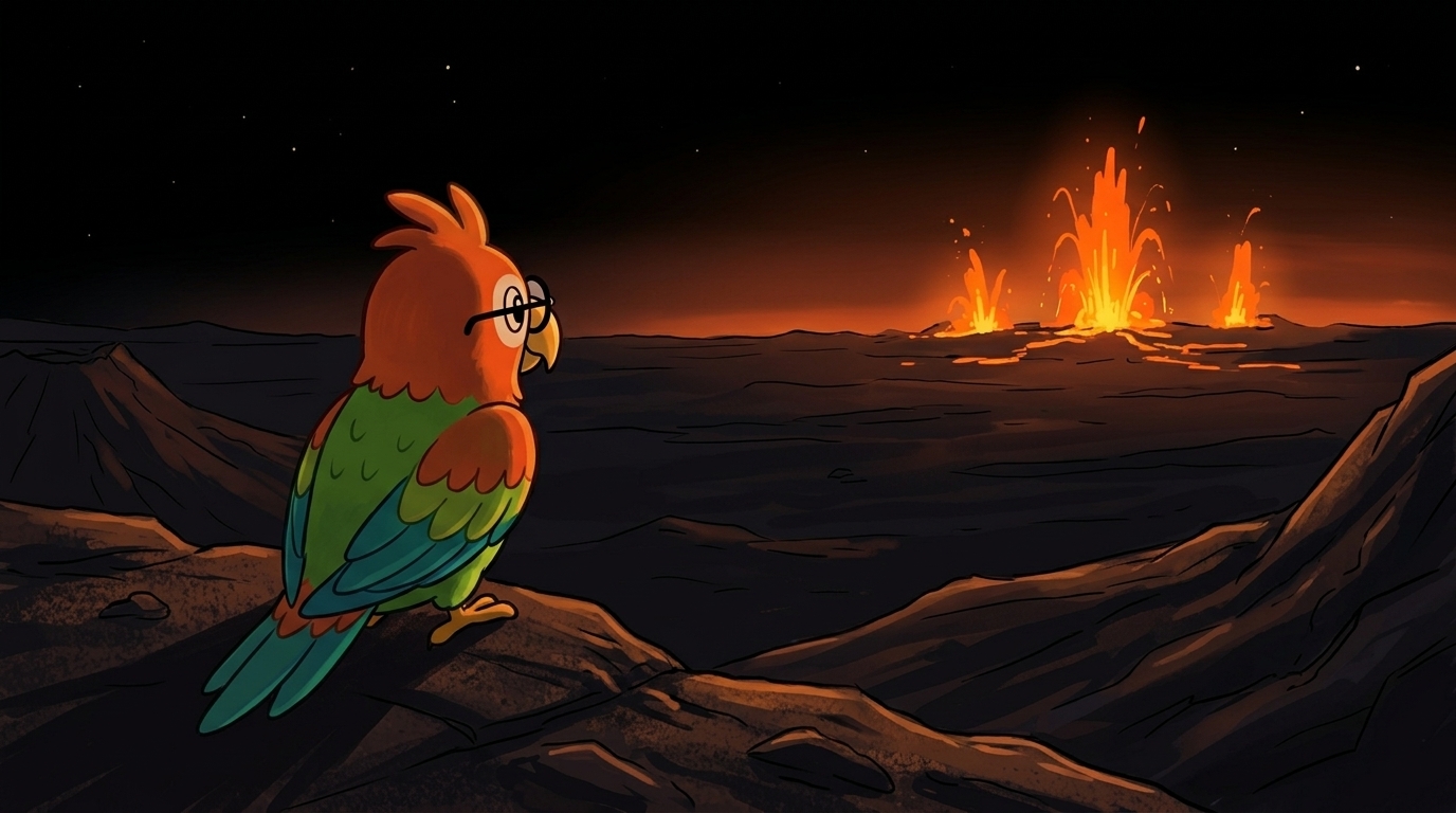 Polly encontró una cresta segura y se quedó hasta que oscureció. Los chorros de lava pulsaban como los latidos lentos...