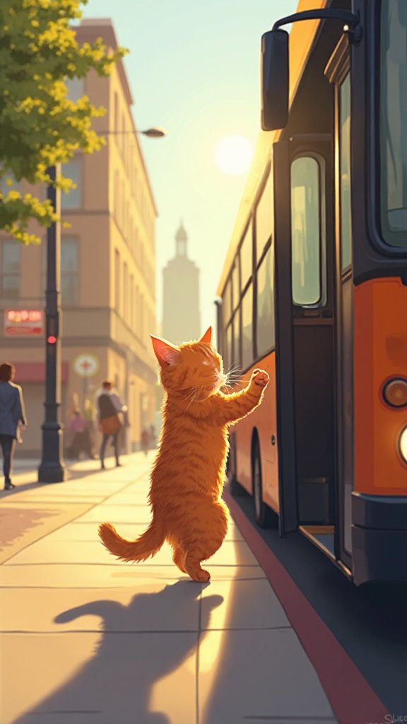 Kad autobus stigne do njezine postaje, mačka ustane. Čeka kraj vrata, strpljiva i sigurna. Vrata se otvore s tihim zv...