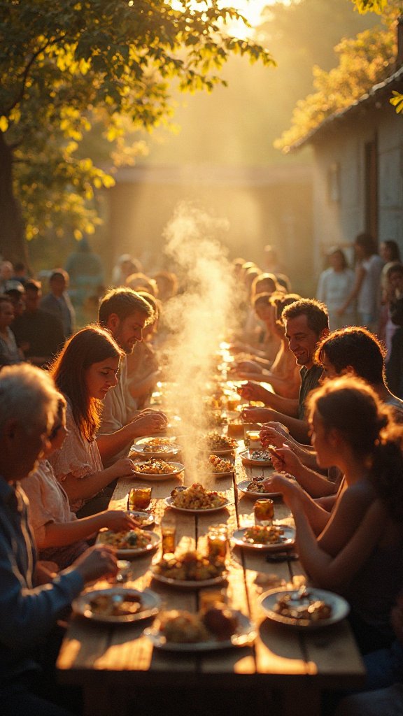 Na veel uren is het eten klaar. Het is zacht en vol smaak. Mensen zitten aan lange tafels. Stoom stijgt op van hun bo...