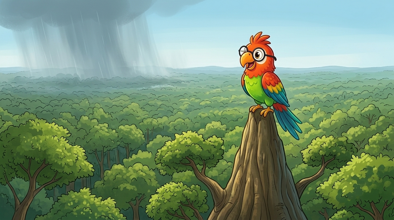 Ein riesiger Baum stand hoch über den anderen. Polly flog nach oben und ruhte sich aus. Sie konnte den Wald in alle R...