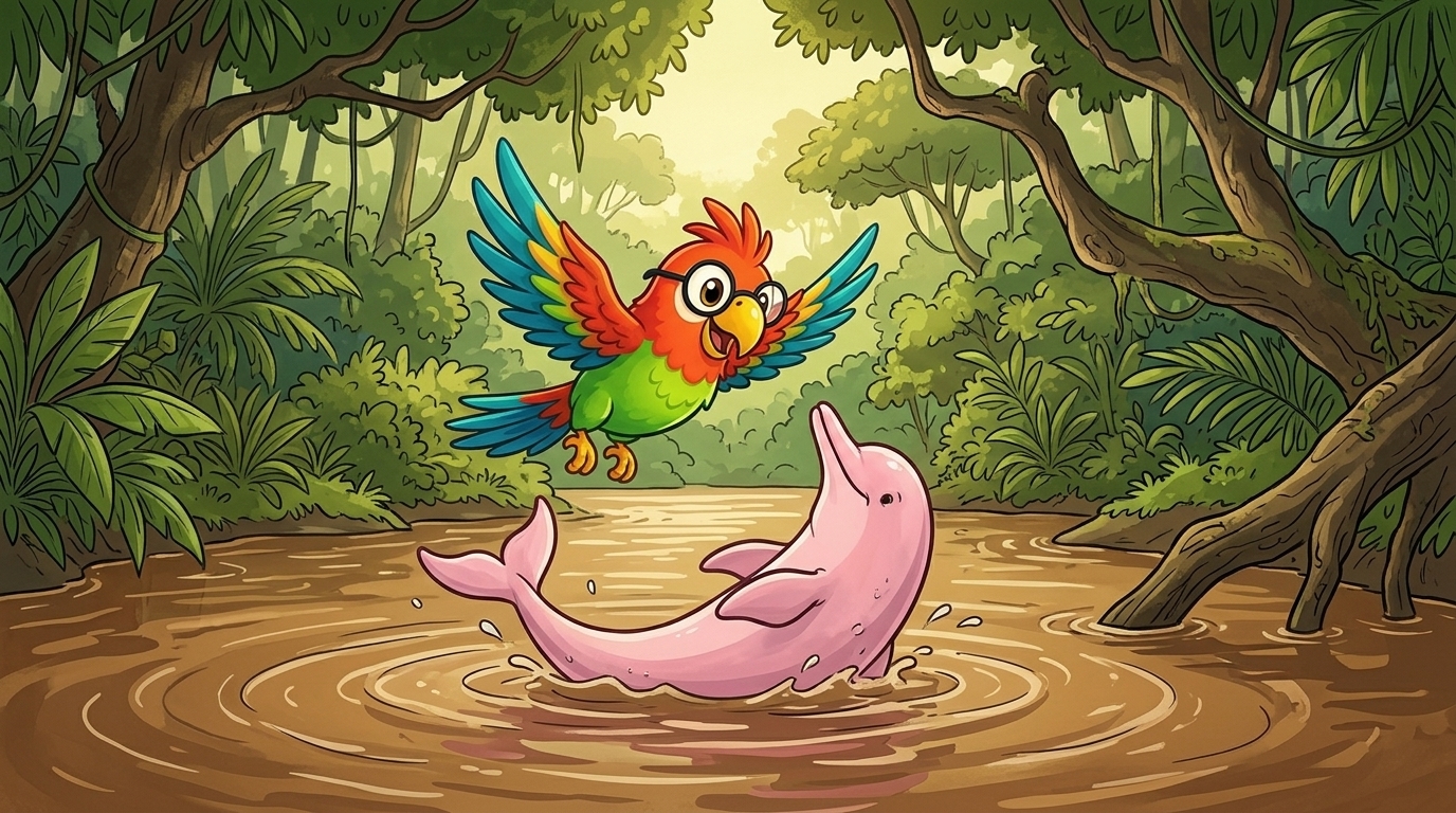 Entonces el agua se rompió, y un lomo rosado y suave se asomó al aire. Polly voló más bajo. Los delfines de río viven...
