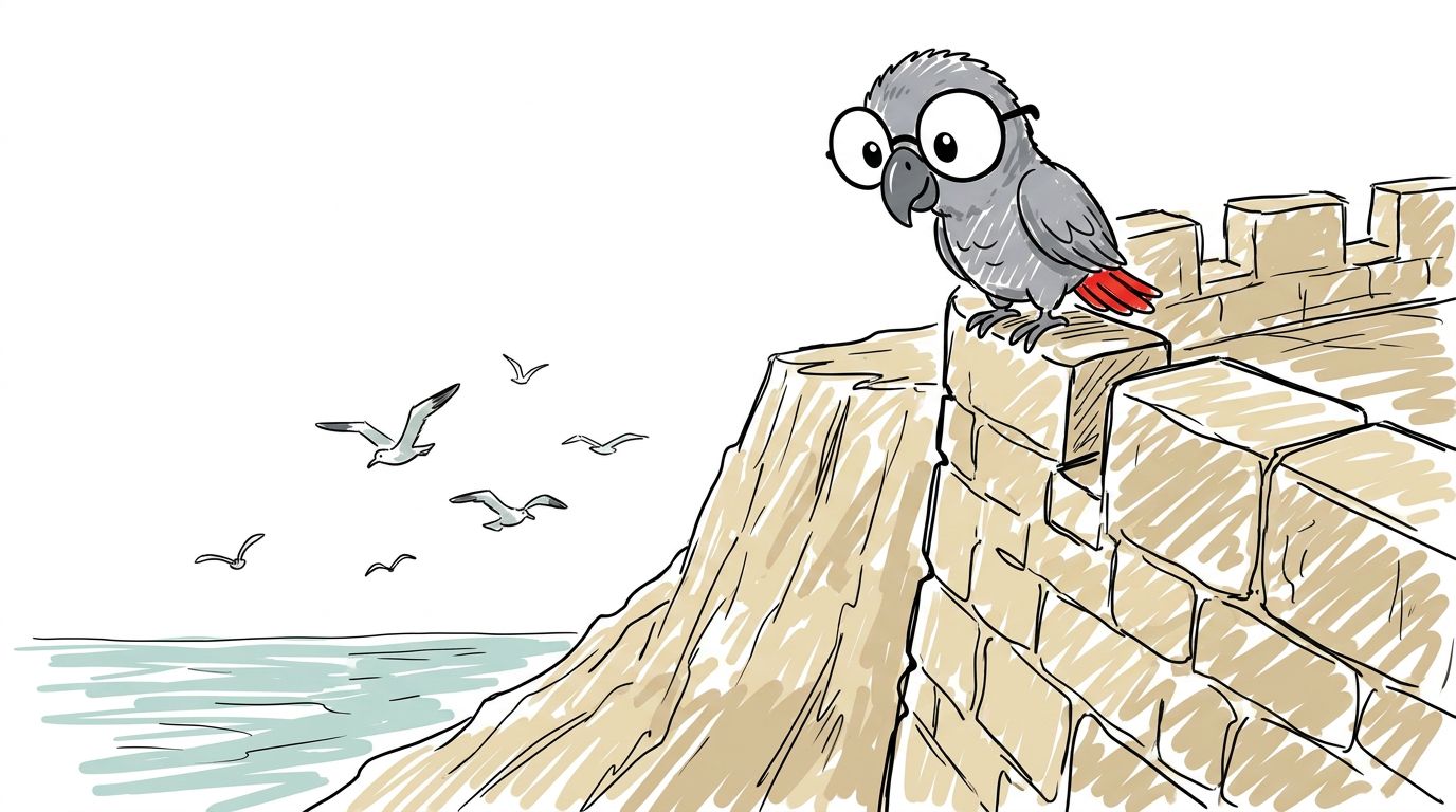 Polly se posa en una muralla y mira hacia abajo. Debajo de ella la roca es pálida y seca y está restregada por la sal...