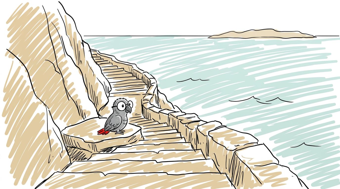 Polly se sienta en un escalón, más o menos a un tercio del camino hacia el mar. Debajo de ella pasa un ave marina gra...