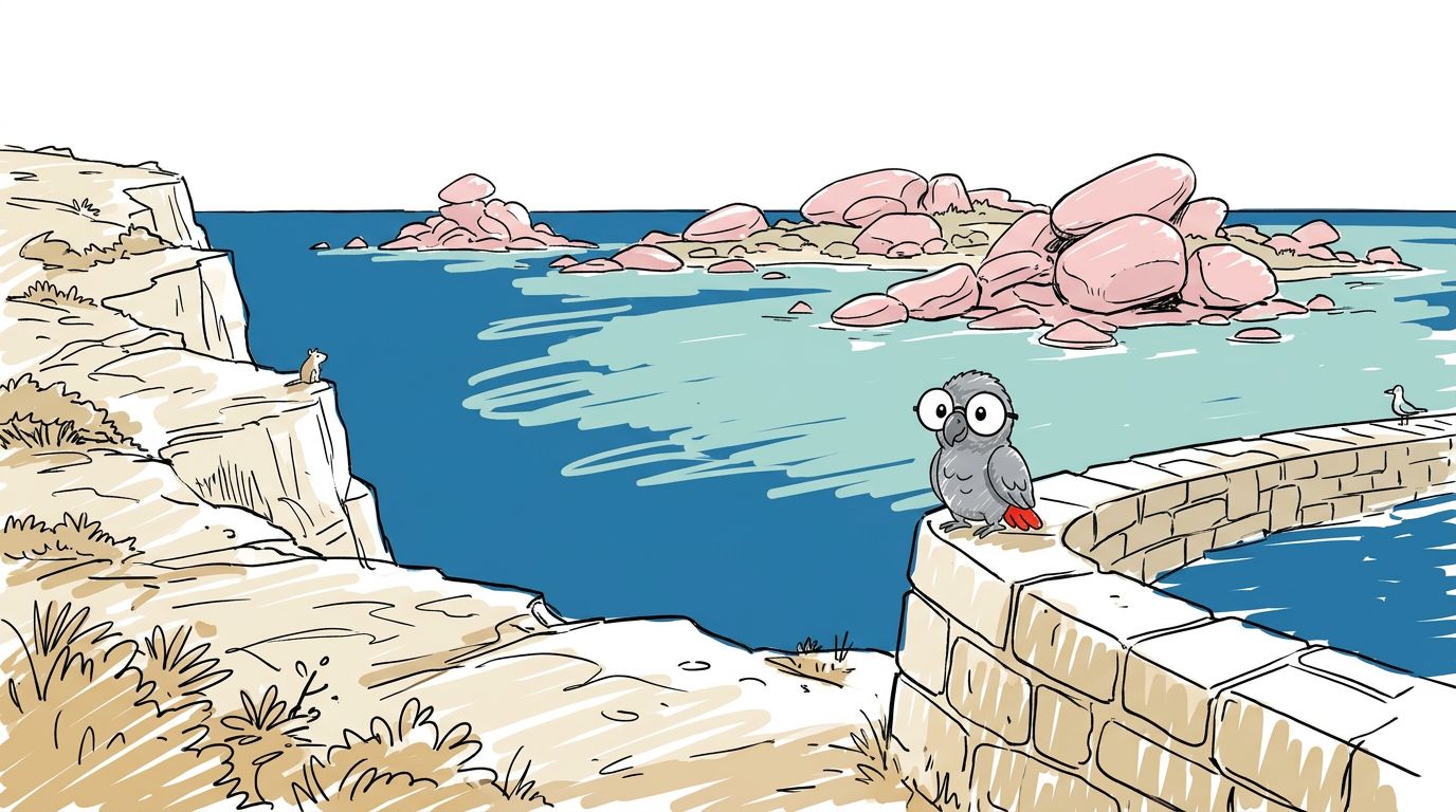 From the top Polly can see islands in the water. They are made of pink rock. This cliff is white rock. They look very...
