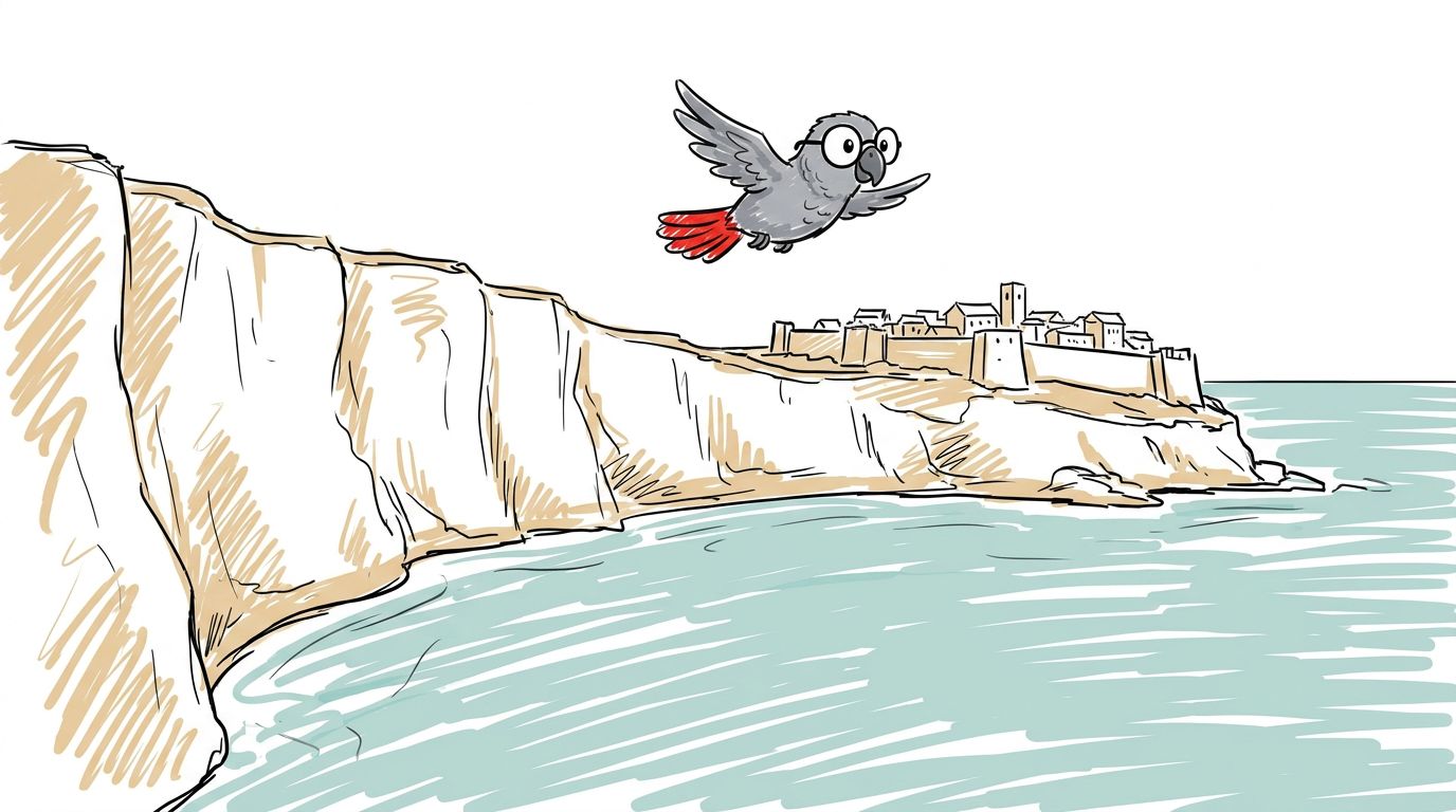 Polly looks down the steps one last time. Then she flies away along the coast.