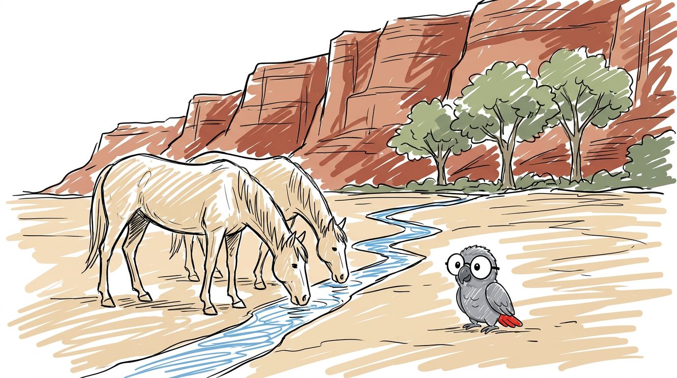 Dann hielten die Pferde an. Ein kleiner Bach floss durch den Sand. Sie trankten das Wasser. Polly setzte sich neben s...