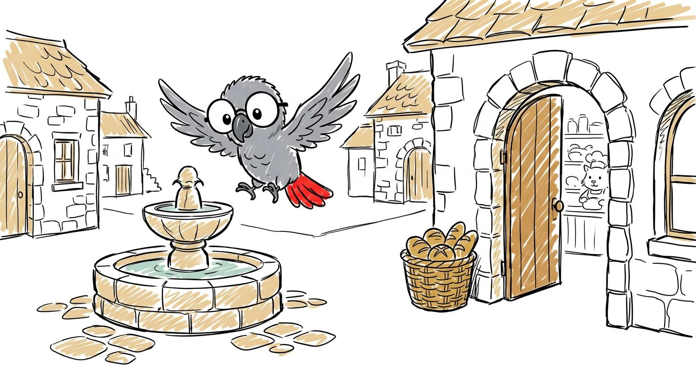 Polly vole au dessus des toits et se pose sur la place principale. Elle est très petite, presque comme une pièce de m...