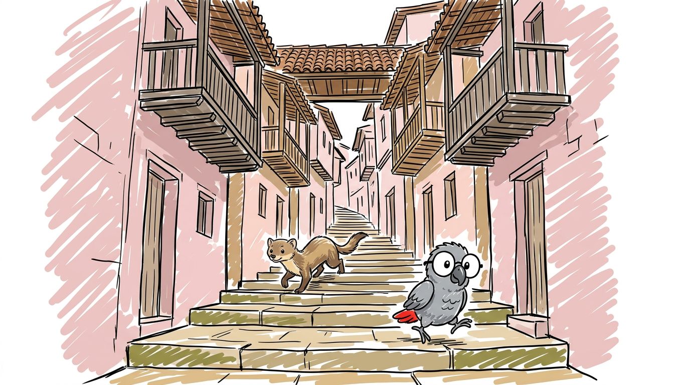 Die Straßen sind wie Treppen. Die Balkone berühren sich fast über der Straße. Alle Häuser sind rosa. Die Türen sind k...