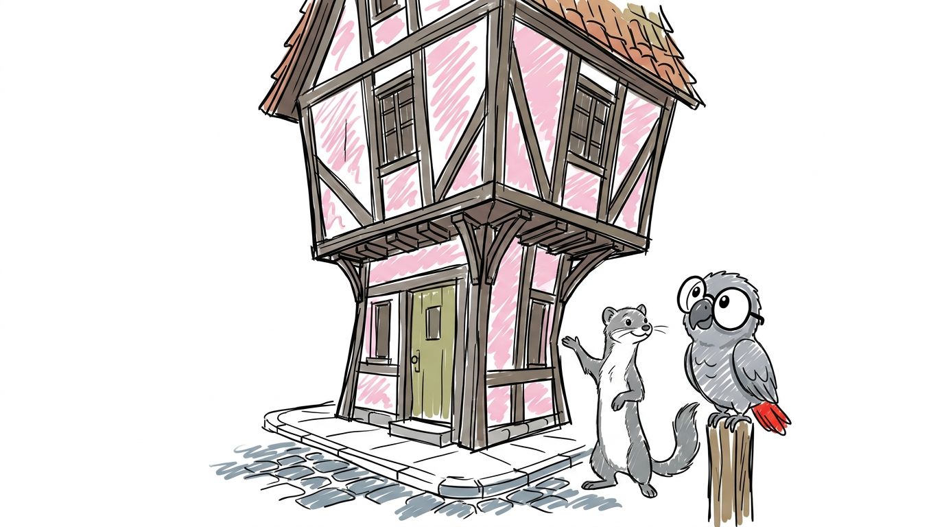 Berta zeigt Polly ein sehr schiefes Haus. Es ist unten dünn und oben breit. Es heißt die Julianeta. Es ist sehr berüh...