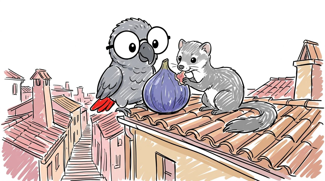 Polly und Berta sitzen auf einem Dach. Sie teilen eine Feige. Die rosa Stadt liegt unter ihnen. Polly mag es, hier ei...