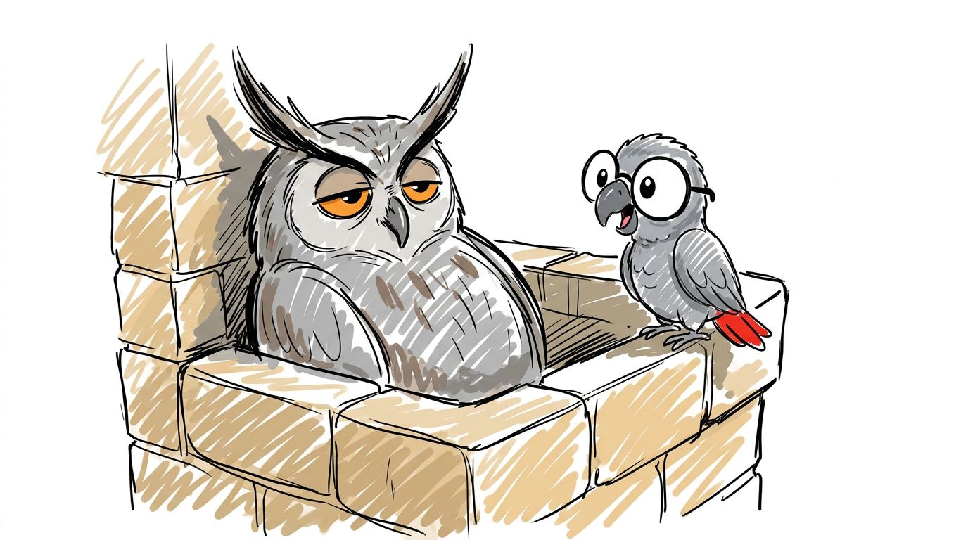 Polly vole jusqu'à la tour, tout en haut. Elle y rencontre un grand hibou. Il dort le jour. Il travaille la nuit.