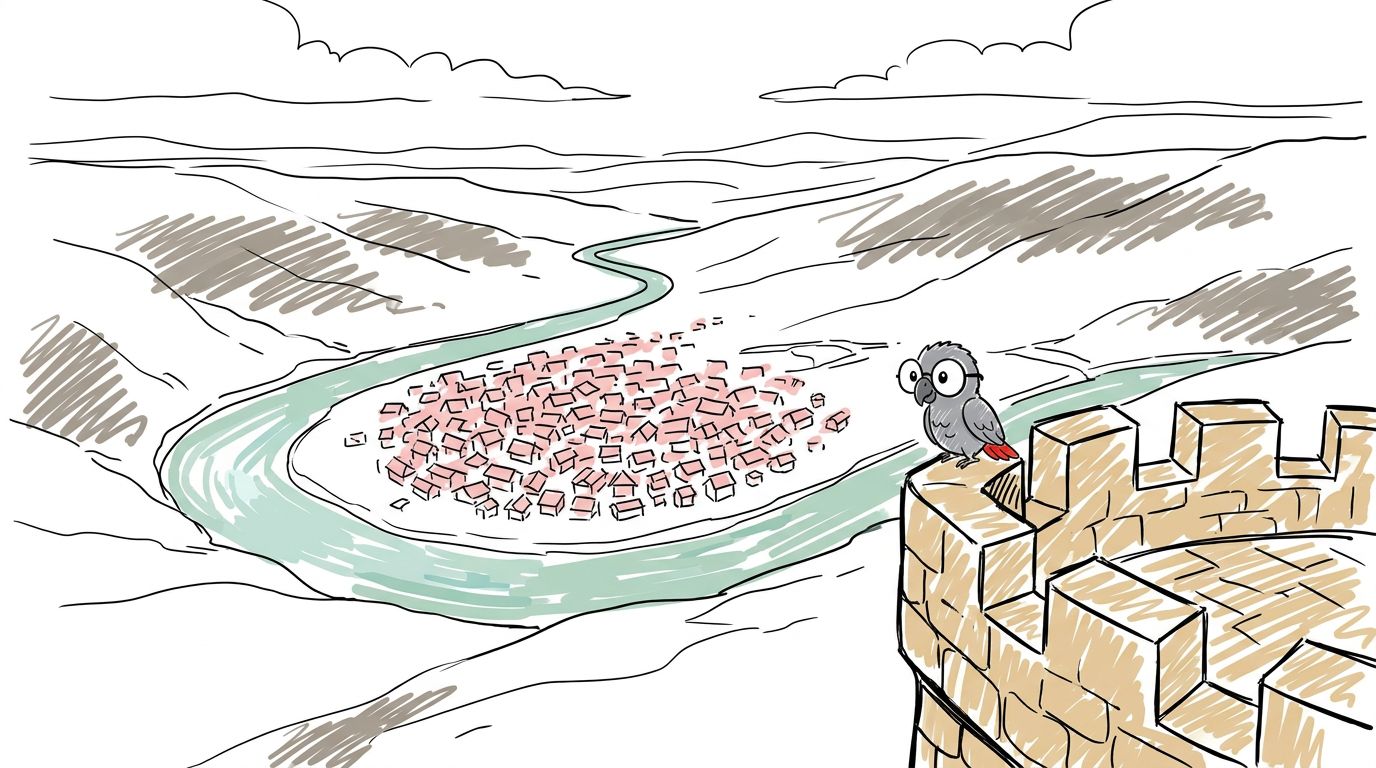 Depuis la tour, la ville semble minuscule. Les toits roses sont dans la boucle de la rivière. Polly regarde pendant l...