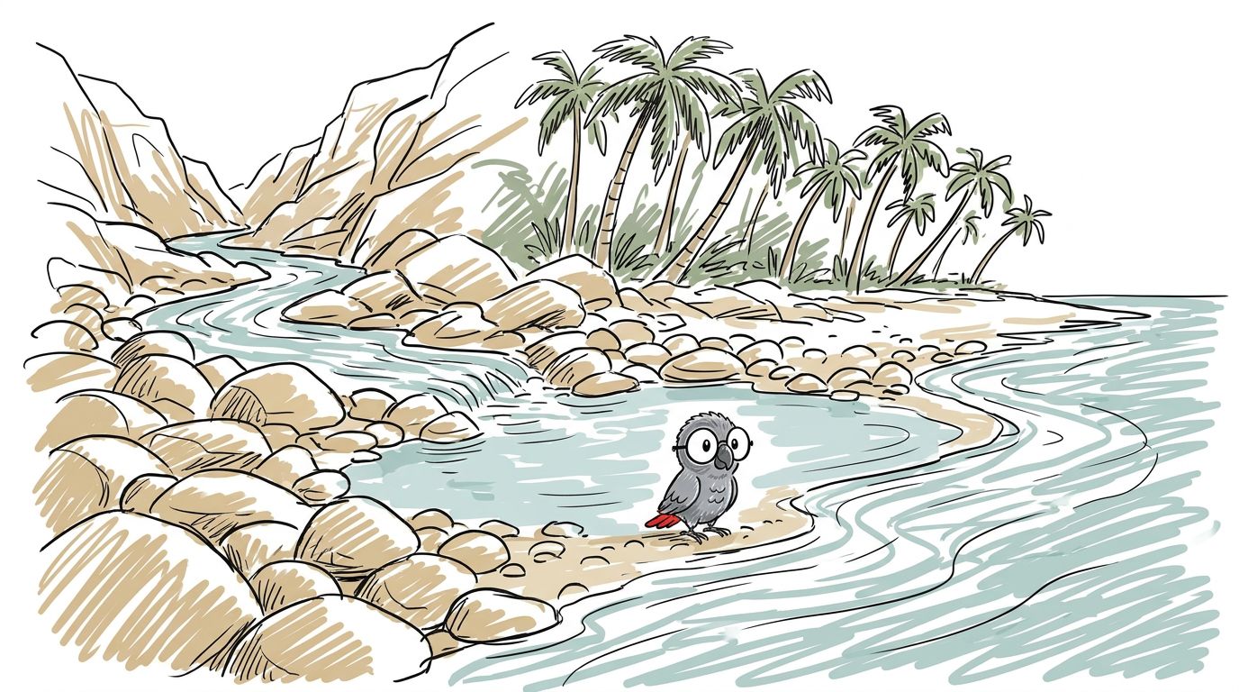 Polly sigue el camino hacia el sur. Ríos pequeños bajan de las montañas y entran en el mar. El agua del río es fría. ...