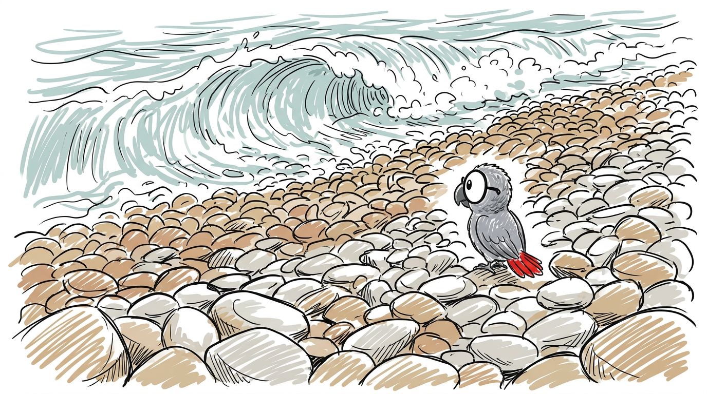 La playa de aquí no tiene arena. Está hecha de piedras pequeñas y redondas. Son grises, blancas y marrones. Las olas ...