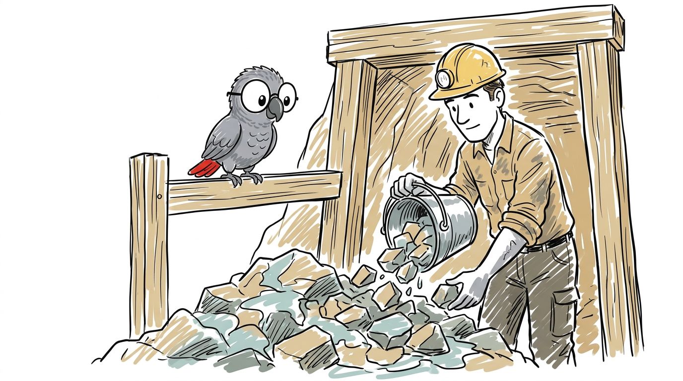 El trabajo es duro. También es peligroso. Polly se sienta y mira. Sube un cubo mojado. Un hombre saca la roca y la re...