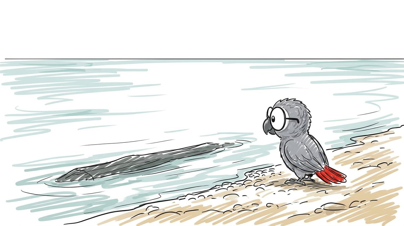 Polly camina junto al agua. Entonces algo se mueve en el lago. Es muy largo. No es un ave.