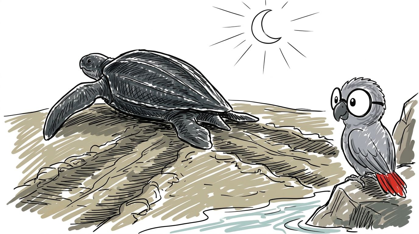 Entre la primavera y mediados del verano, las tortugas laúd suben por esta playa en la oscuridad para poner sus huevo...