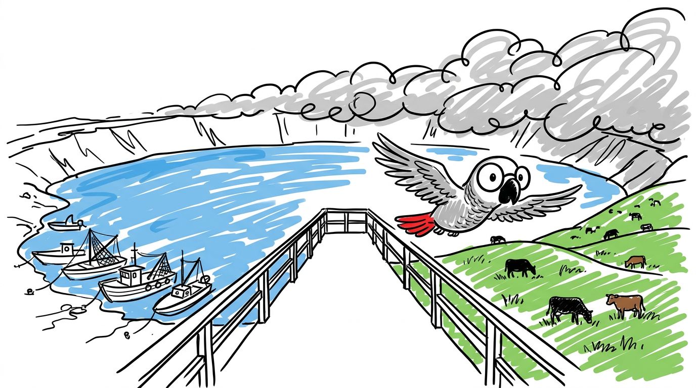 Polly flew low over the strip of land. She saw boats on one side. She saw cows on the other side. Fog came in and cov...