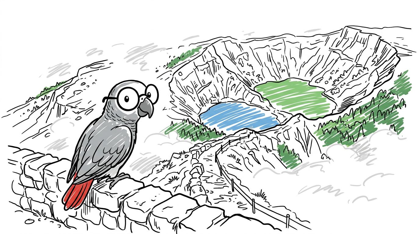She waited on an old wall. The fog went away. Both lakes were still there, blue and green.