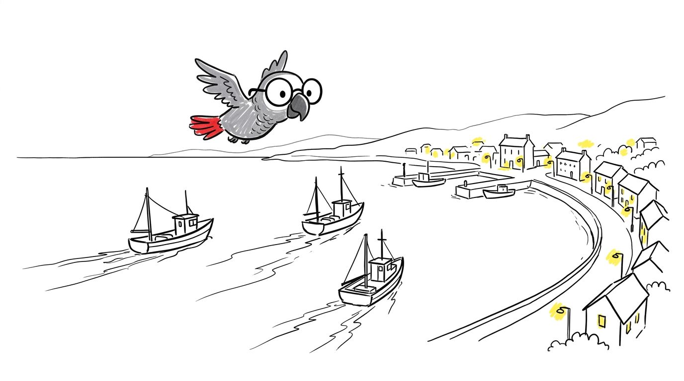 Les bateaux de pêche rentraient au port en dessous, petites formes blanches traînant de minces sillages sur une mer q...