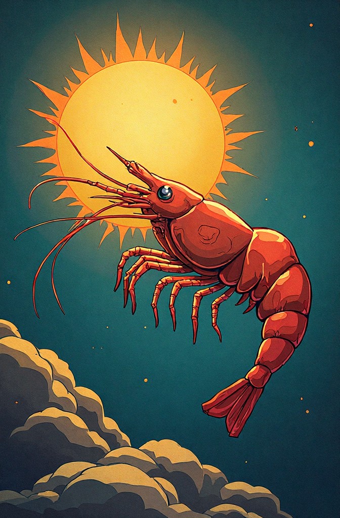 El camarón con un sol dentro de su pinza, a PollyStop story with its illustration