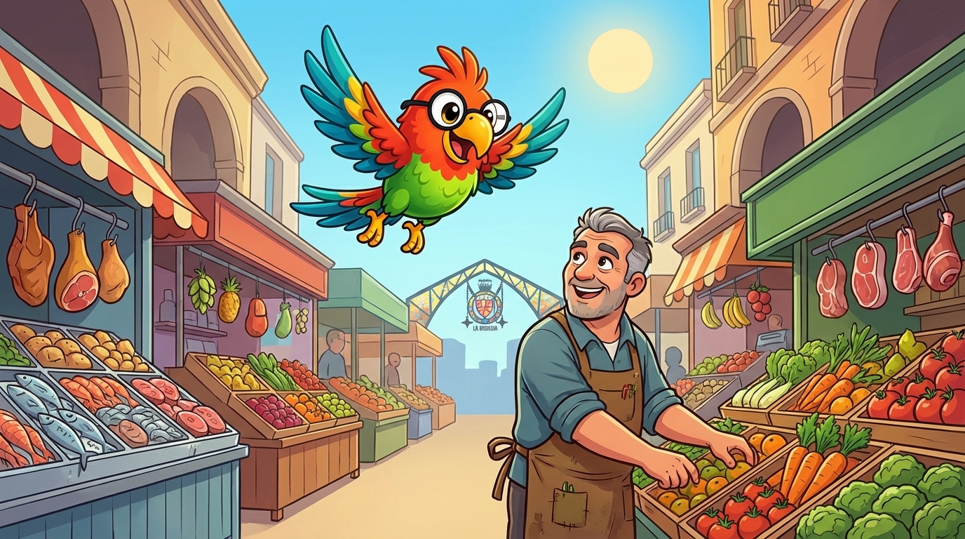 Illustration for Polly in the Market of La Boqueria